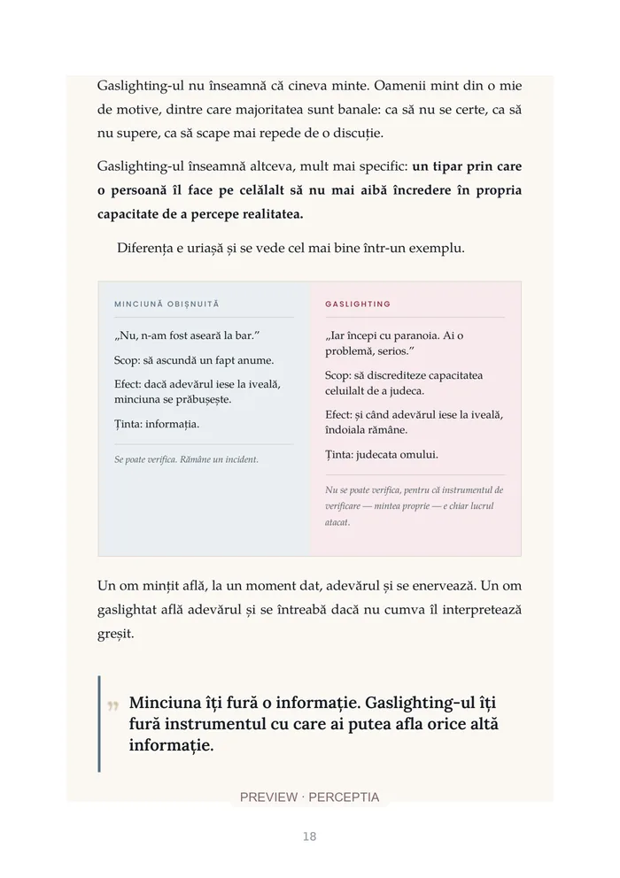 Înțelege oamenii. Înțelege-te pe tine. — Nu ești prea sensibil(ă) · Ce înseamnă gaslighting-ul, PDF pagina 18